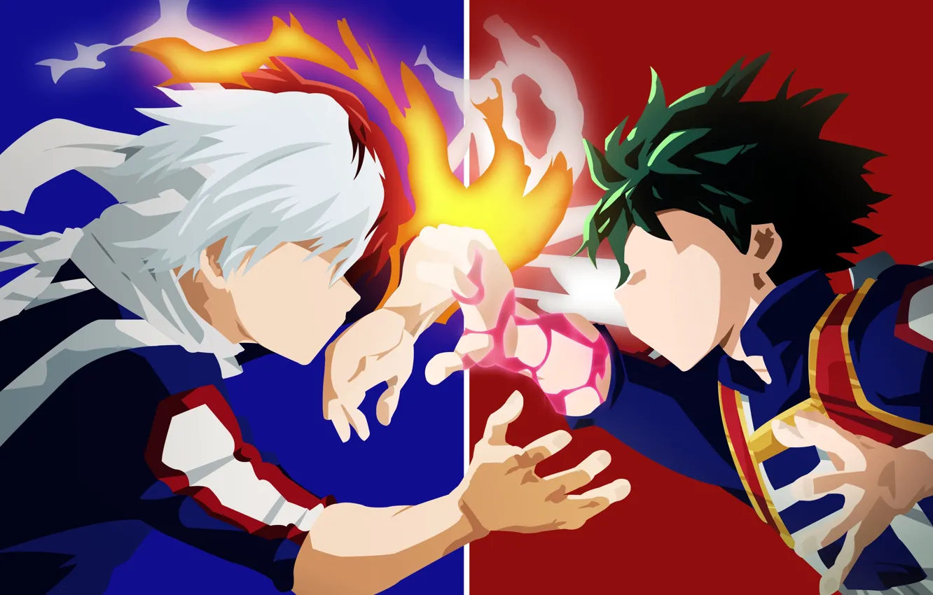 Photo wallpaper green, fire, red, flame, ice, blue, anime, power
