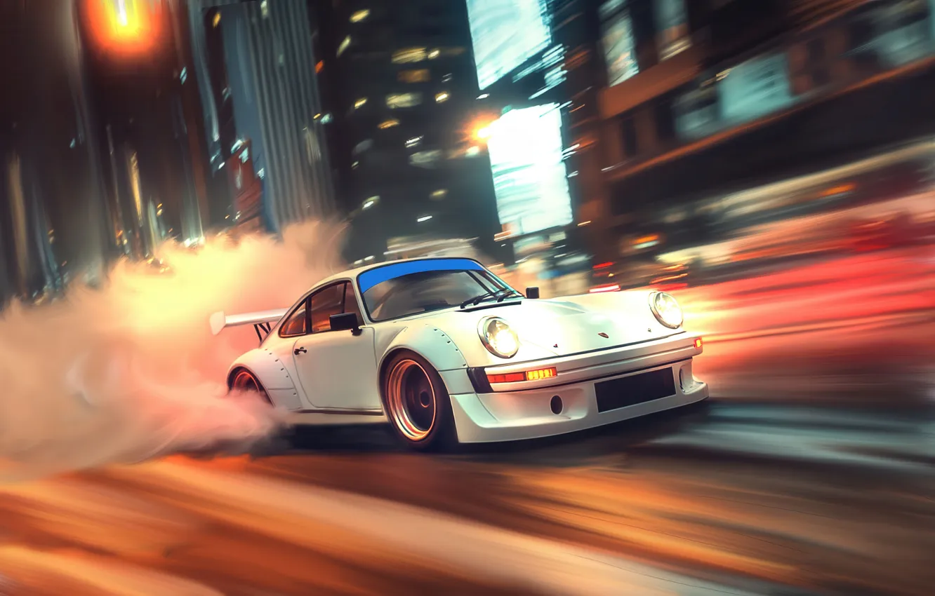 Photo wallpaper city, Porsche, white, roar