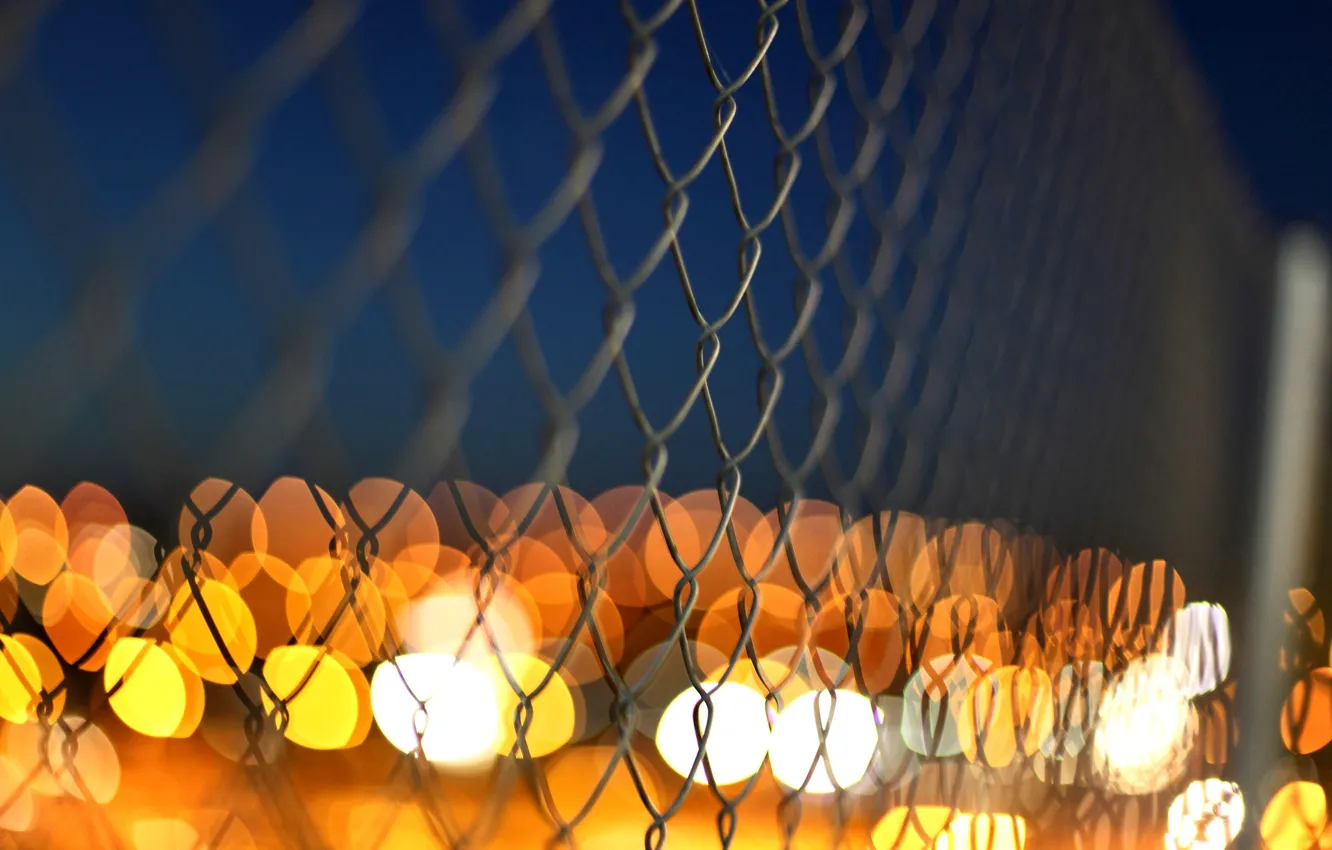 Photo wallpaper macro, lights, mesh, the fence, fence, yellow, blur, orange