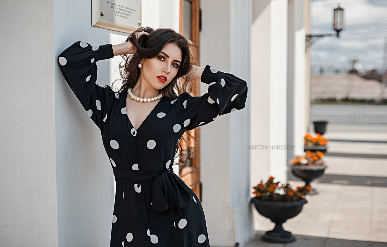 Photo wallpaper look, girl, pose, dress, polka dot, Anton Kharisov, Maria Bashmakov