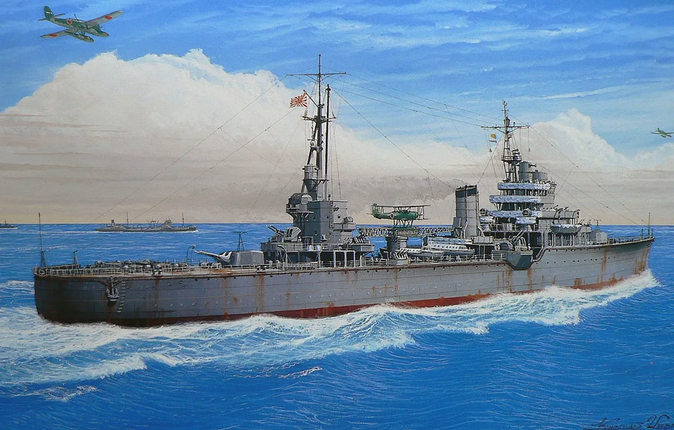 Photo wallpaper sea, the sky, figure, art, cruiser, Japanese, WW2, purpose