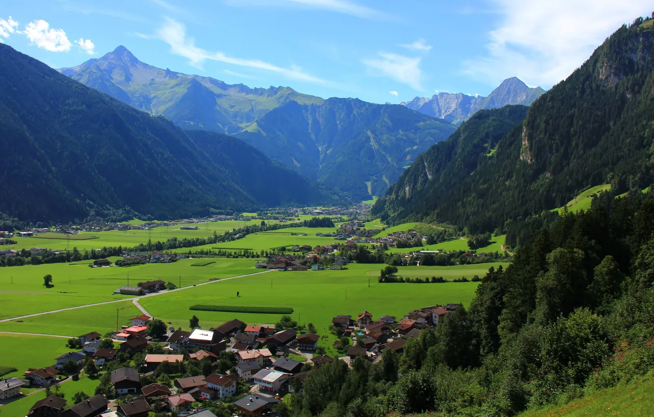 Photo wallpaper field, the sky, trees, mountains, home, Austria, valley, Schwendau Village