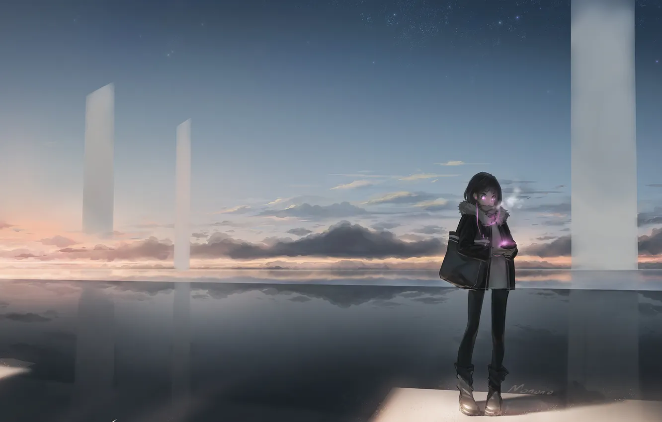 Photo wallpaper the sky, water, music, headphones, art, girl, phone, bag