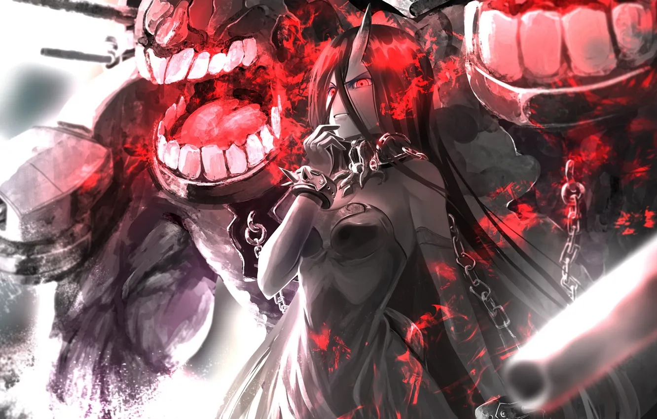Photo wallpaper girl, weapons, monster, teeth, anime, art, chain, kouji