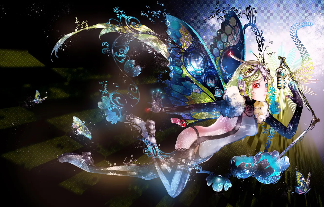 Photo wallpaper butterfly, Girl, wings, headphones, microphone, heterochromia