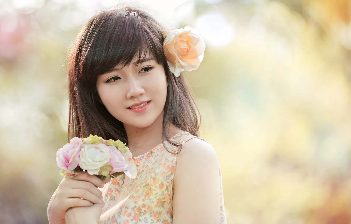 Photo wallpaper girl, flowers, portrait, Asian