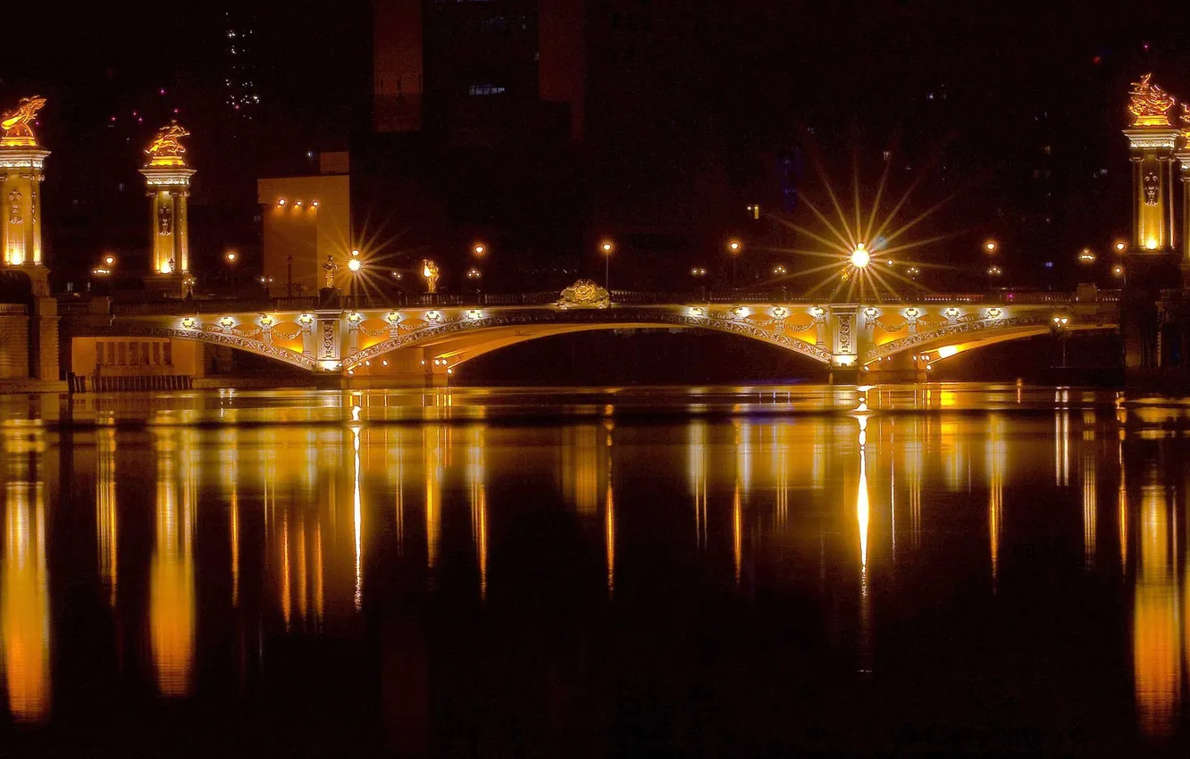 Photo wallpaper night, bridge, lights, reflection, The city, panorama