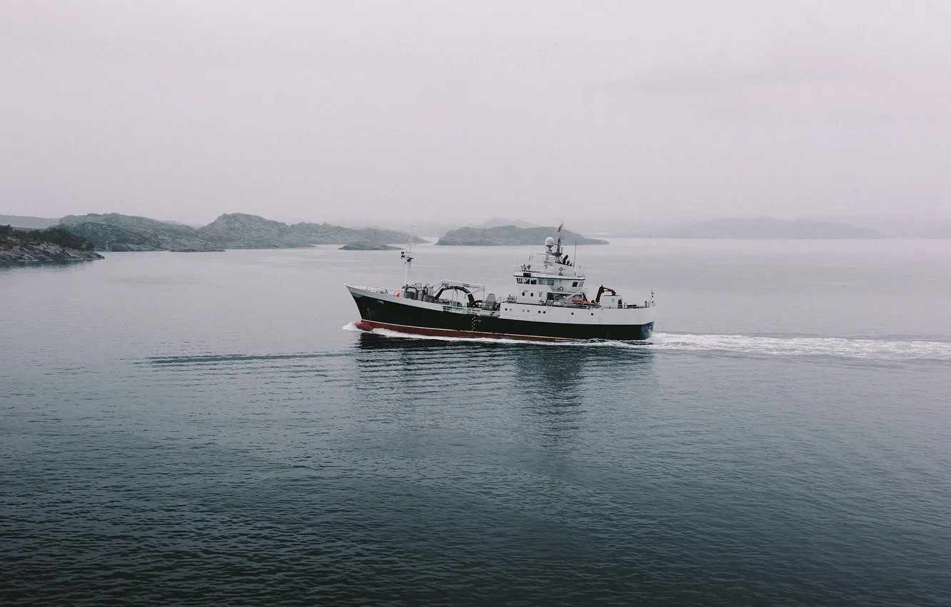 Photo wallpaper fog, ship, bay, islets