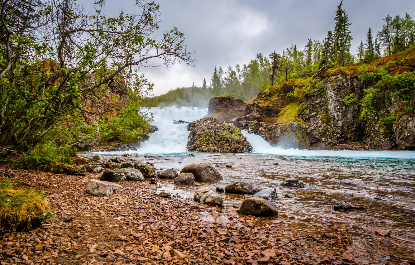 Photo wallpaper trees, stones, waterfall, USA, river, Lake Clark National Park