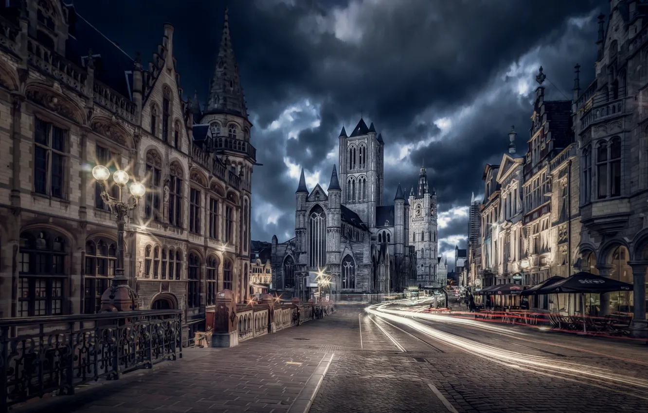 Photo wallpaper road, light, night, the city, the evening, excerpt, Belgium