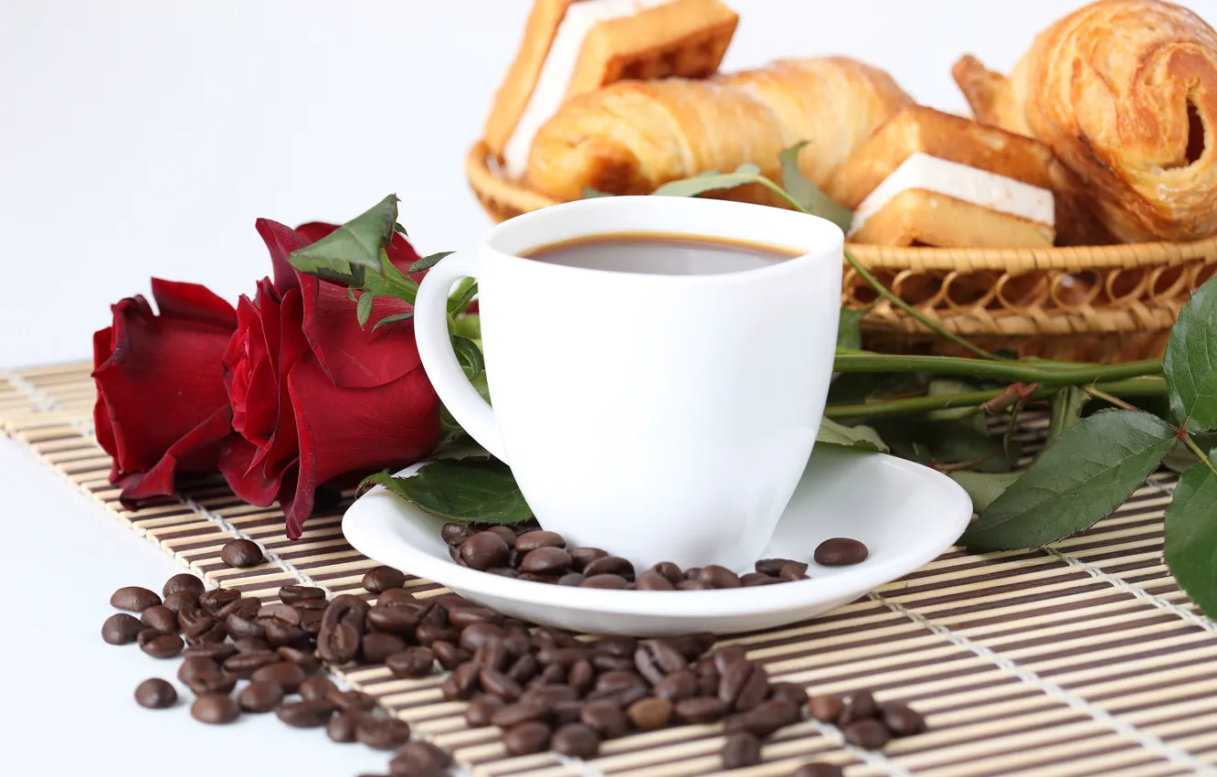 Photo wallpaper coffee, roses, grain, Cup, red, cakes, sweet, coffee