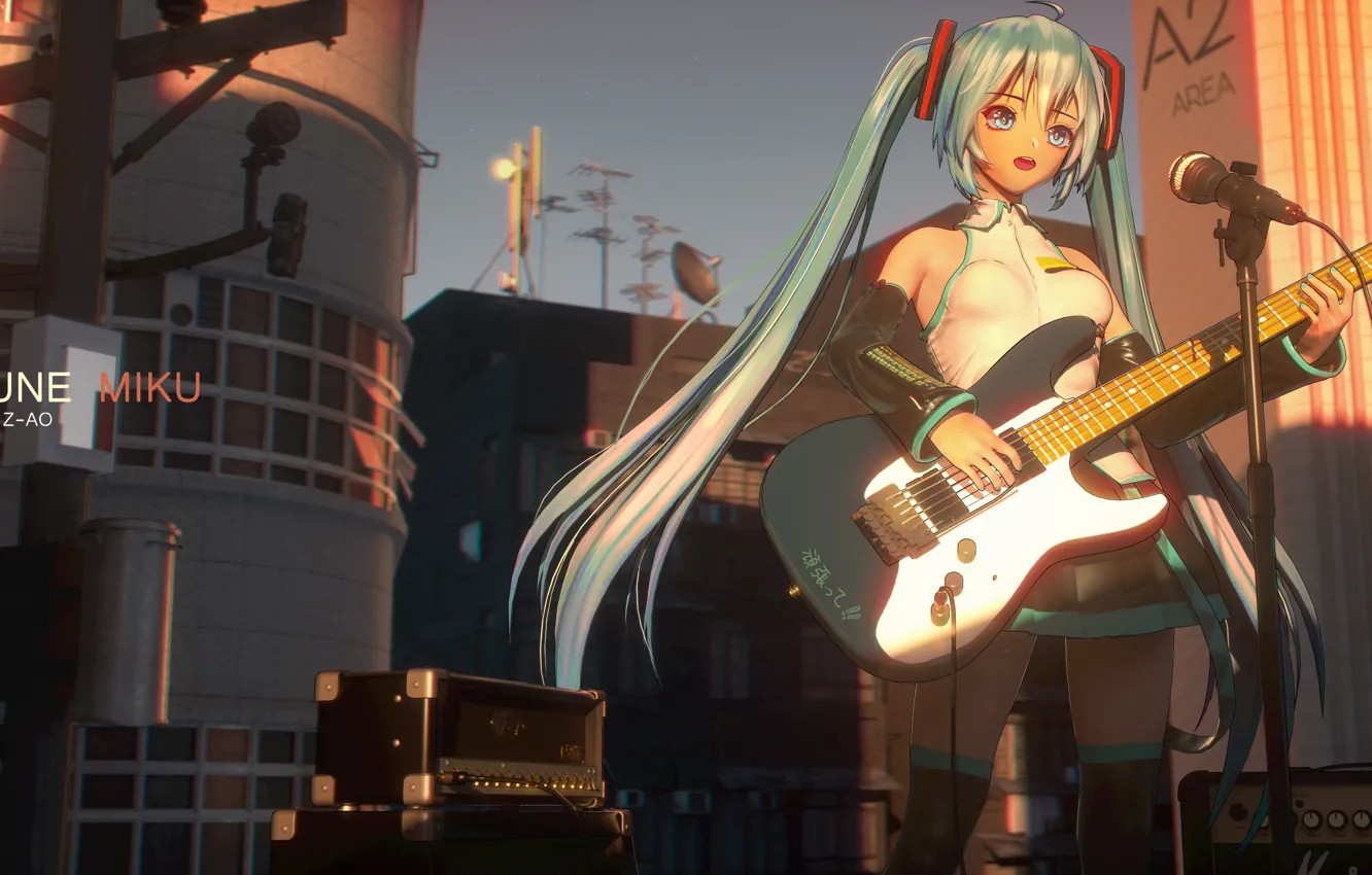 Photo wallpaper guitar, microphone, vocaloid, Hatsune Miku, long hair, Vocaloid, amplifier, on the roof