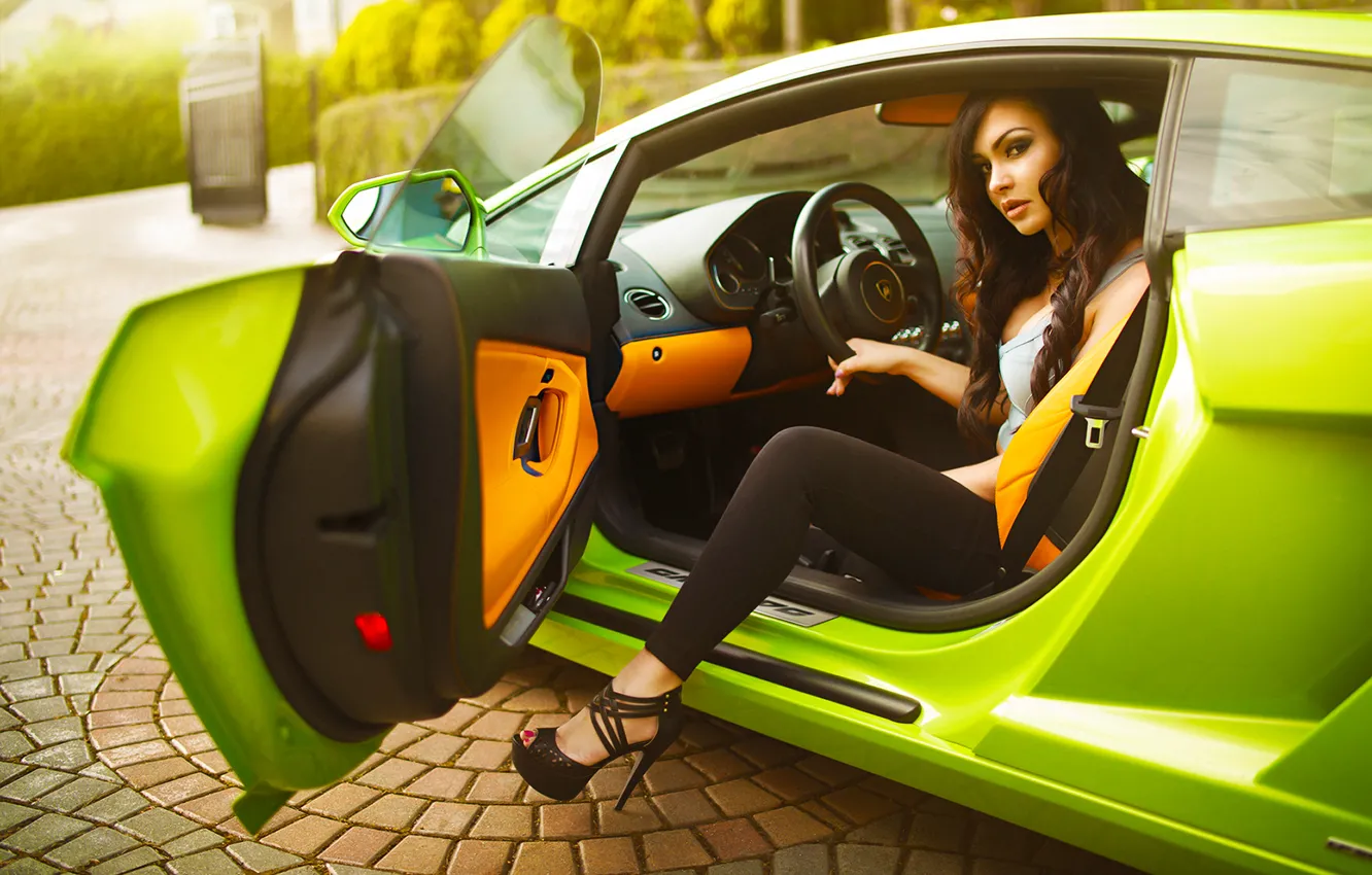 Photo wallpaper Lamborghini, Girl, Car, Canada, Beautiful, Model, Green, Beauty