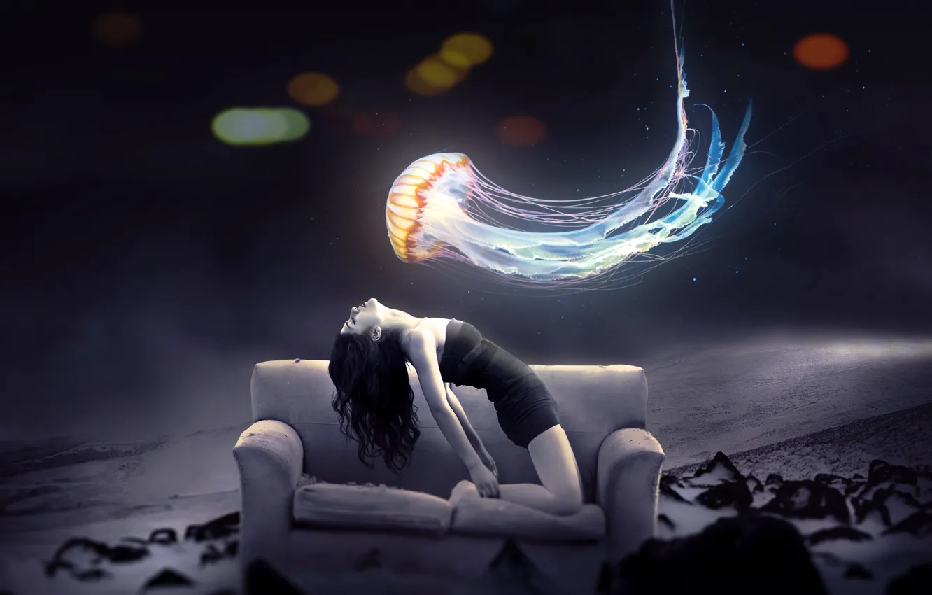 Photo wallpaper nature, sofa, jellyfish, bokeh, girl art