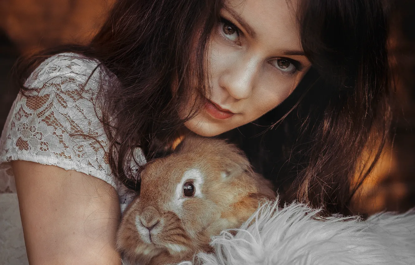 Photo wallpaper girl, rabbit, brown-eyed