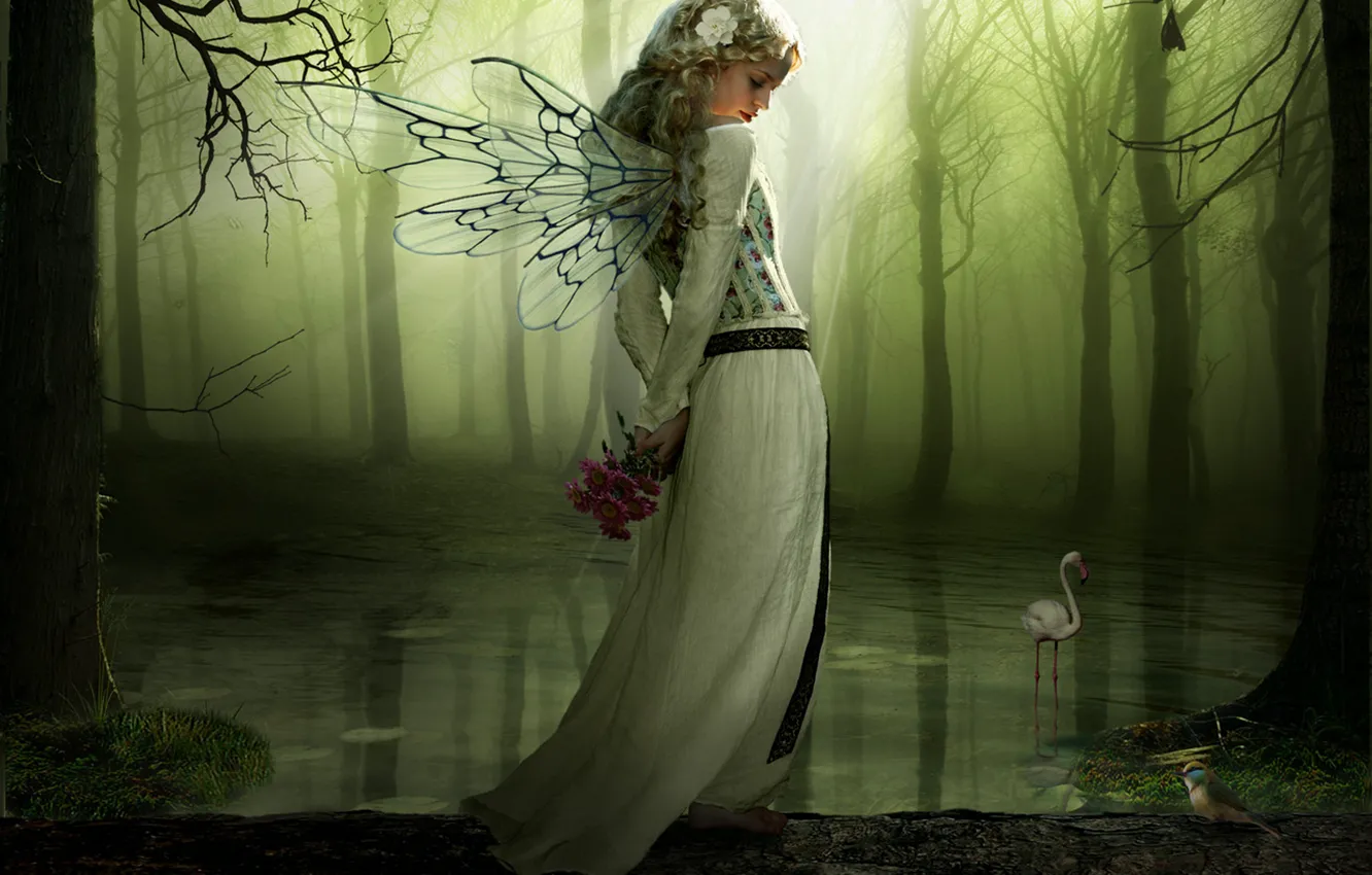 Photo wallpaper forest, girl, flowers, lake, wings, log, views