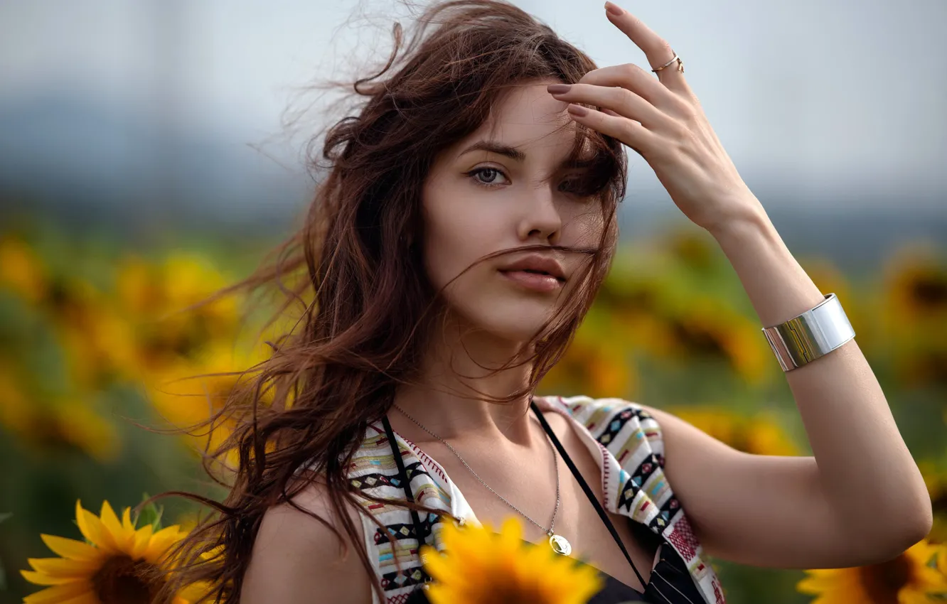Photo wallpaper summer, girl, sunflowers, portrait