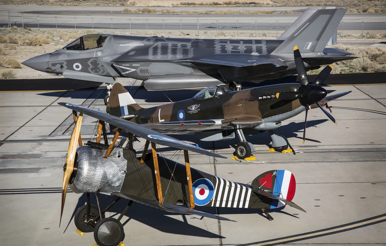 Photo wallpaper fighters, F-35B, Spitfire Mk. XIV, Camel (replica)