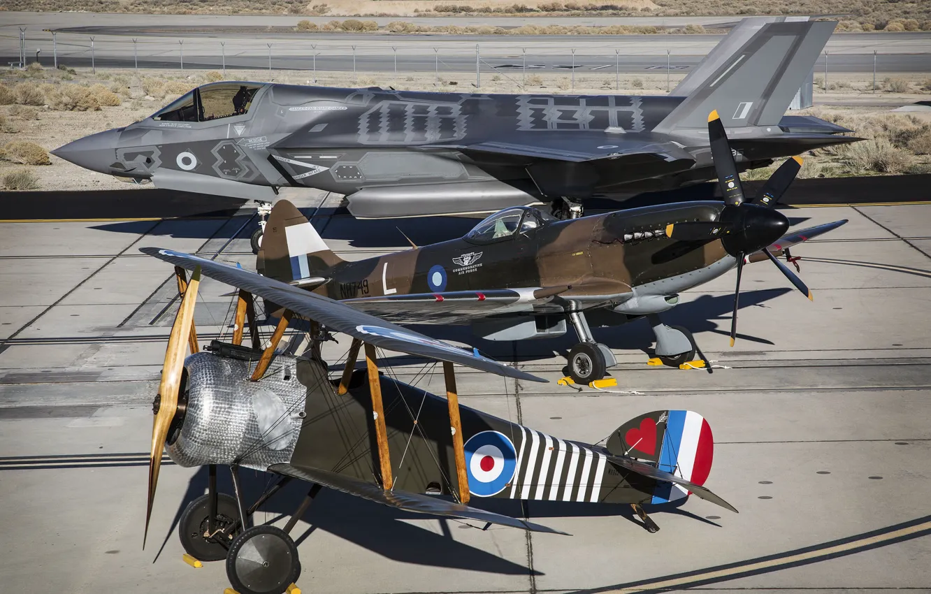 Photo wallpaper fighter, F-35B, Spitfire Mk. XIV, Camel (replica)
