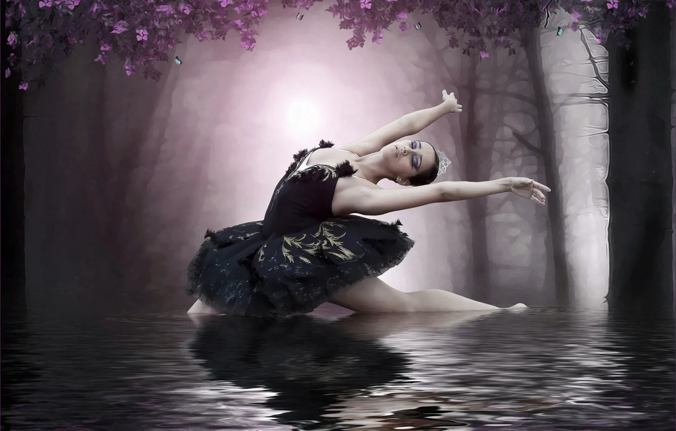 Photo wallpaper girl, lake, ballerina, photoart