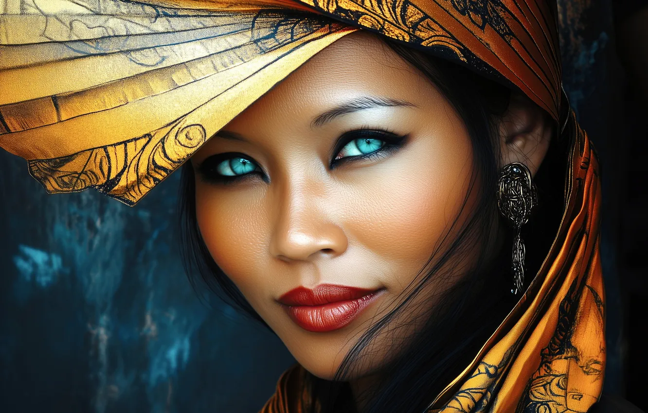 Photo wallpaper look, girl, pose, the dark background, portrait, earrings, makeup, brunette