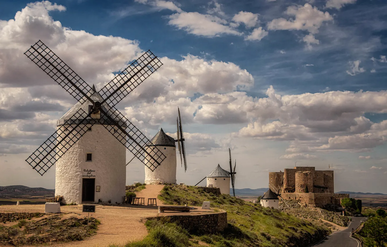 Photo wallpaper windmill, Spain, castle