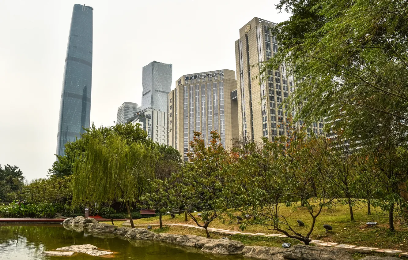 Photo wallpaper trees, pond, Park, stones, building, home, skyscrapers, China