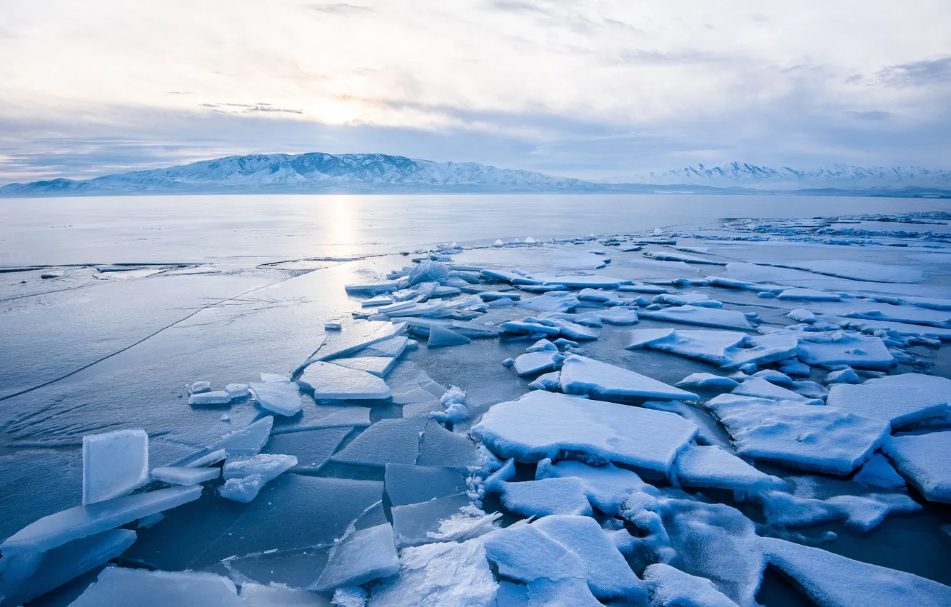 Photo wallpaper ice, the sky, clouds, landscape, mountains, nature, lake, horizon