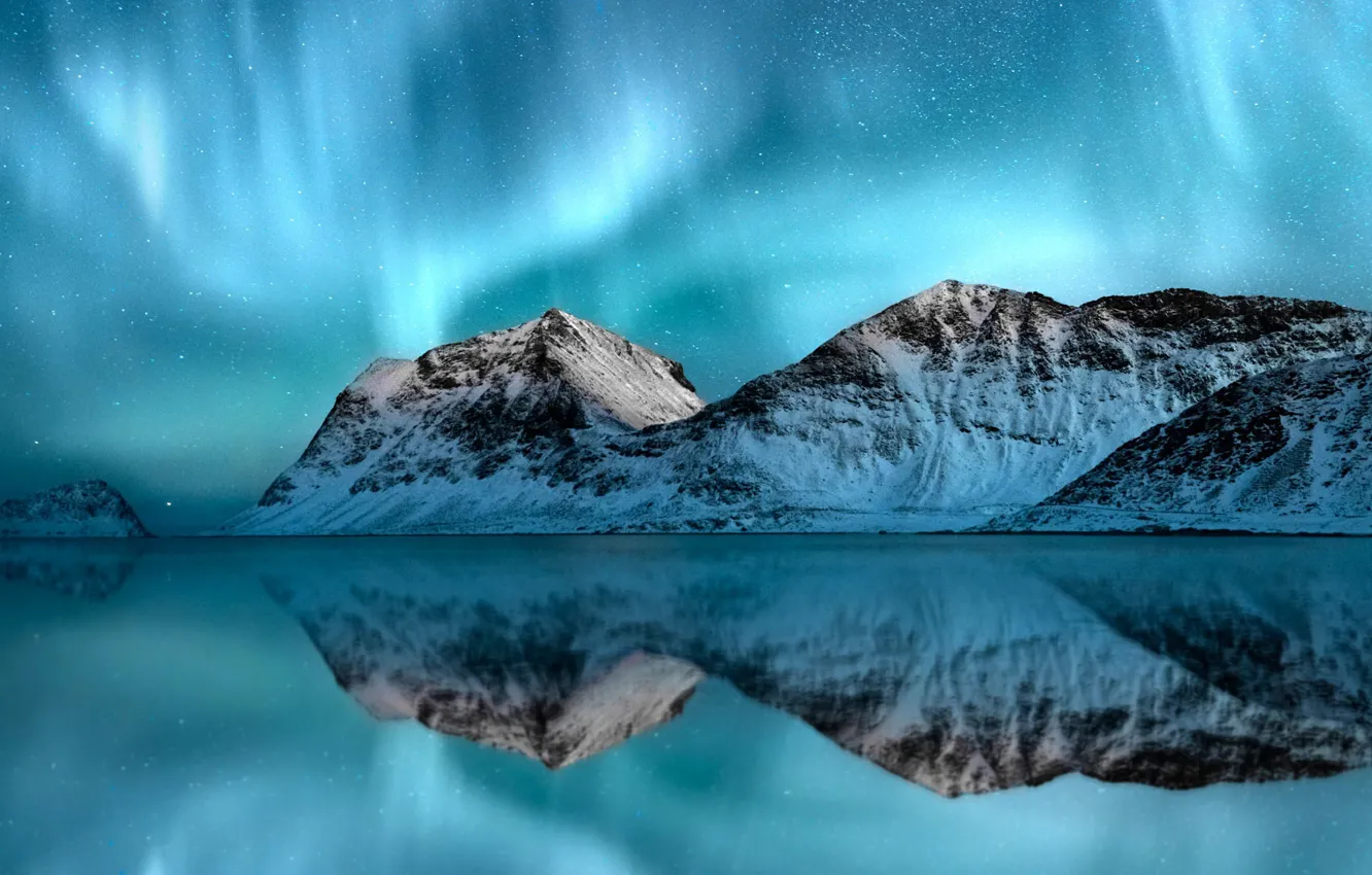 Photo wallpaper sea, mountains, Northern lights, Norway