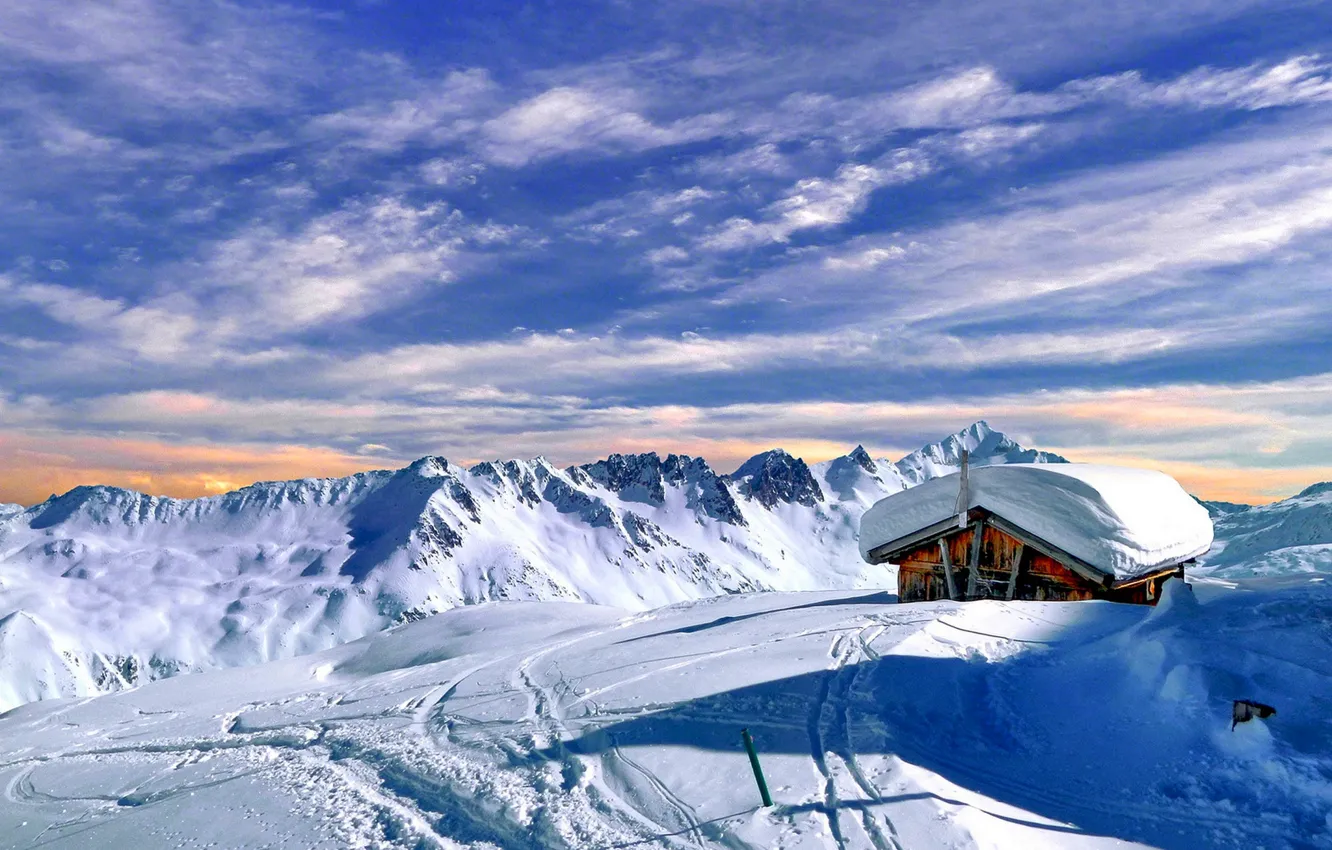 Photo wallpaper winter, the sky, clouds, snow, landscape, nature, house, rocks