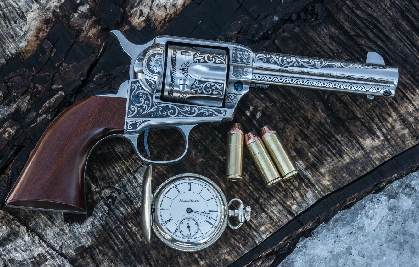 Photo wallpaper weapons, background, watch, trunk, cartridges, revolver, the handle