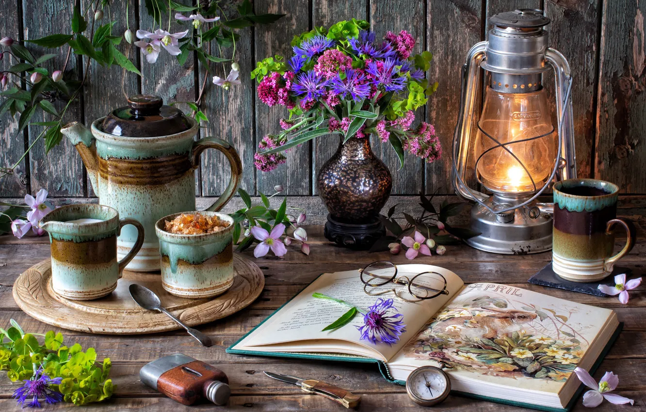 Photo wallpaper flowers, style, lamp, coffee, bouquet, glasses, mug, book