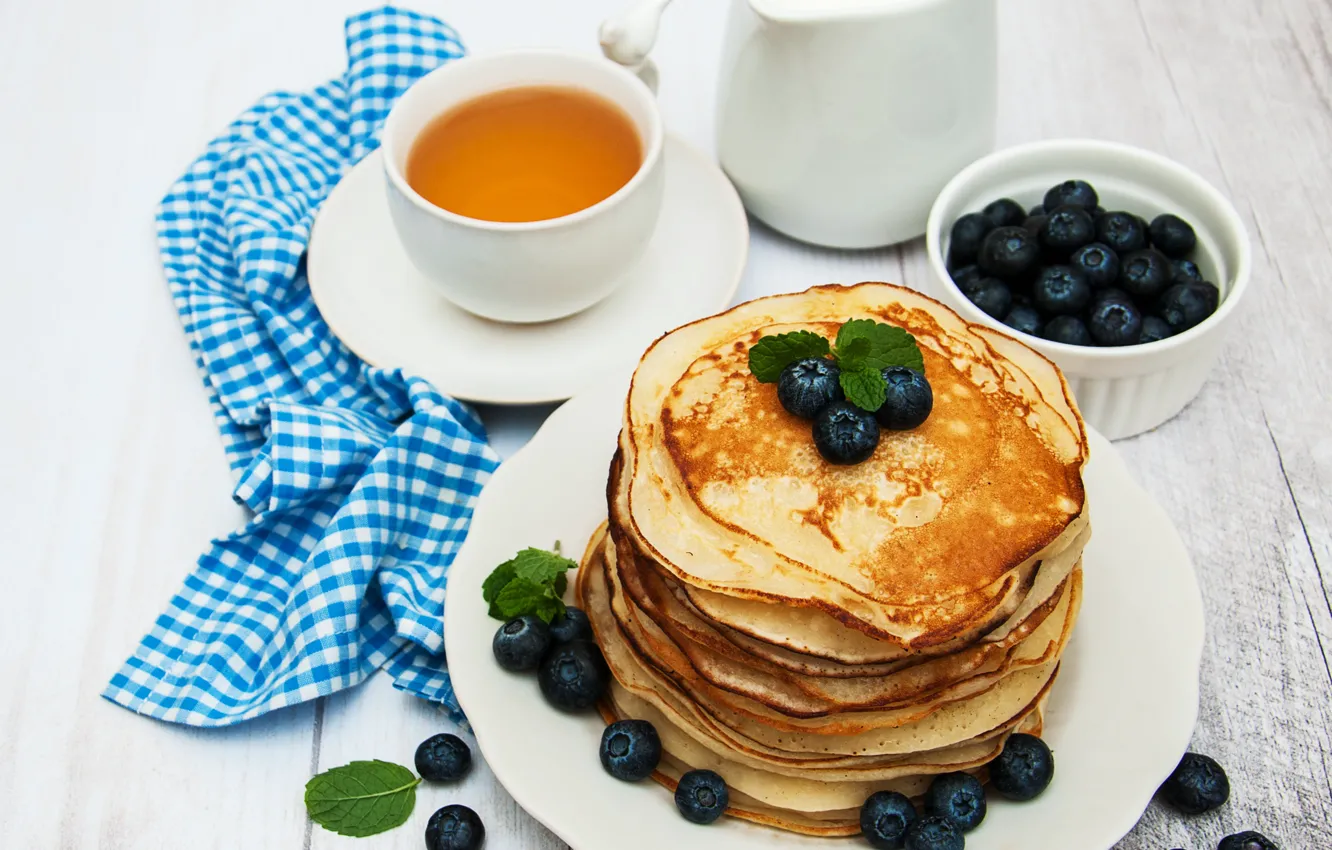Photo wallpaper berries, table, Breakfast, blueberries, honey, pancakes, Olena Rudo