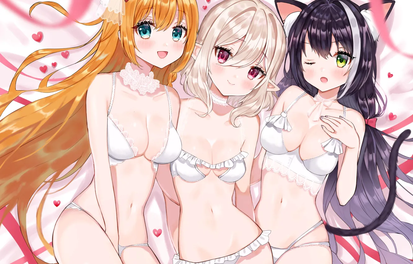 Photo wallpaper sexy, lingerie, bra, cleavage, panties, green eyes, long hair, girls