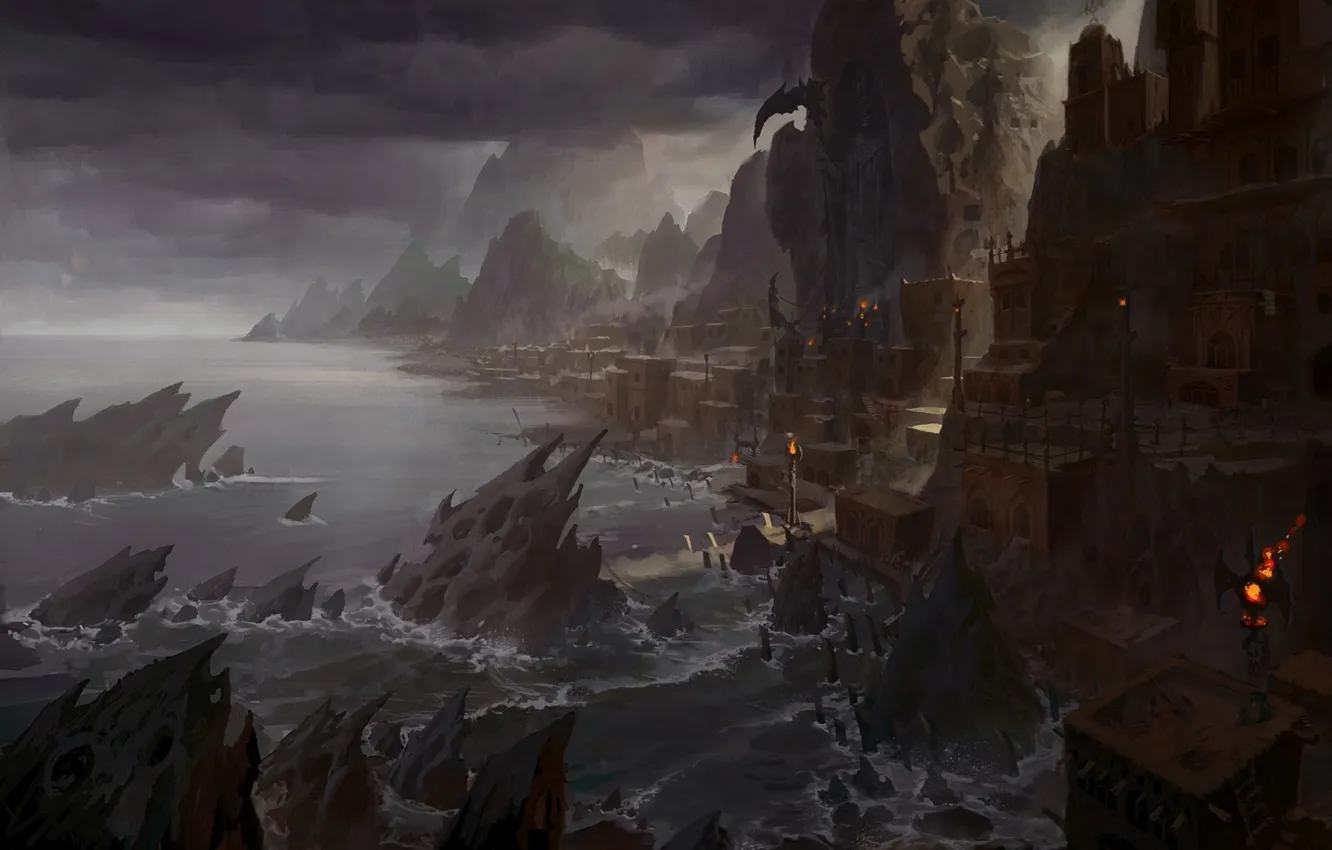 Photo wallpaper clouds, lights, fiction, rocks, shore, home, art