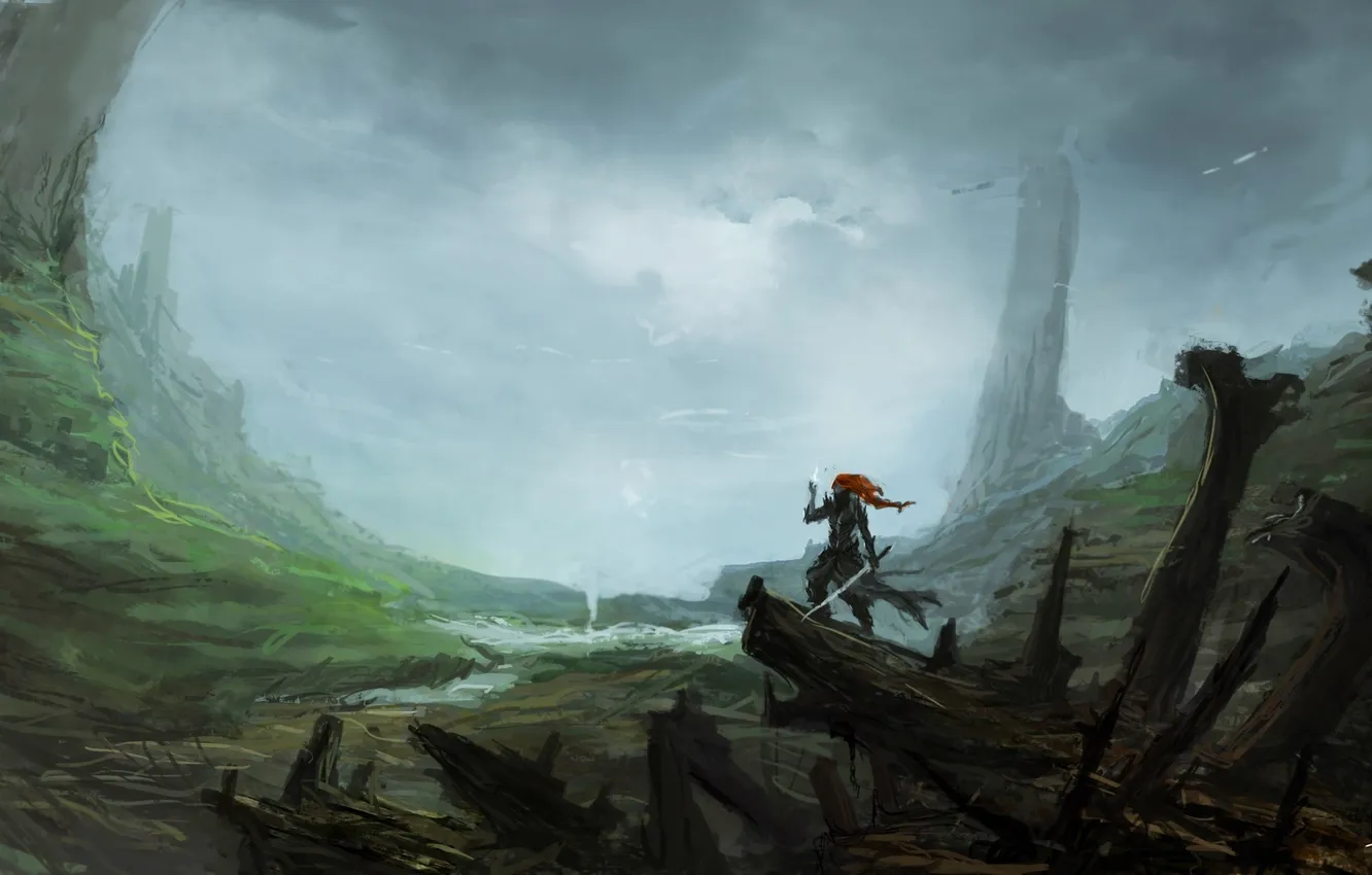 Photo wallpaper river, fiction, people, sword, valley, art, ruins, Nicholas mastello