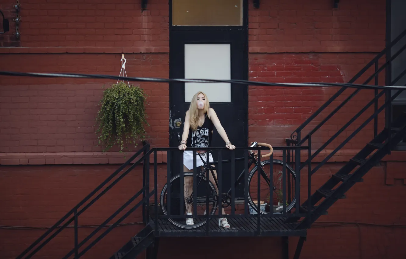 Photo wallpaper girl, bike, Mike, ladder, skirt, chewing gum