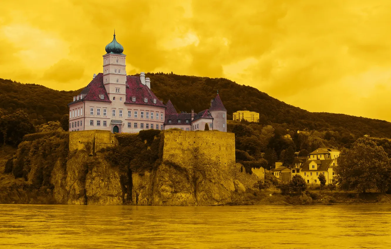 Photo wallpaper yellow, the city, photo, background, castle, Austria, Schoenbuehel