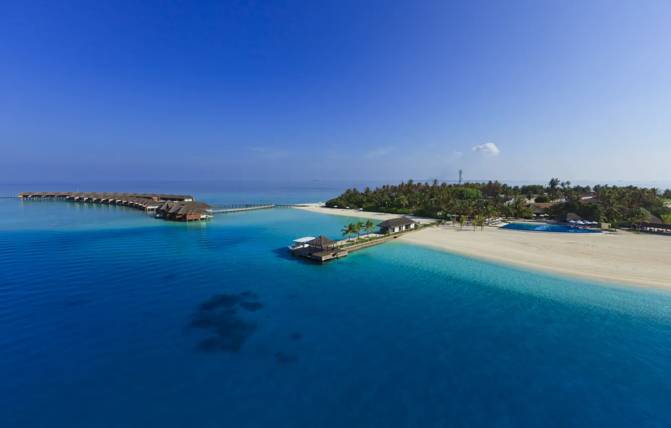 Photo wallpaper the Maldives, blue water, Paradise island, Bungalow on the sea on stilts