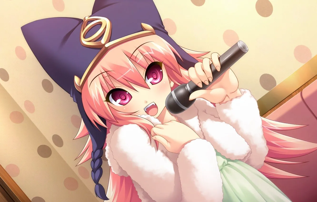 Photo wallpaper girl, microphone, red eyes, pink hair, singing, white fur, karaoke, Chu-Chu
