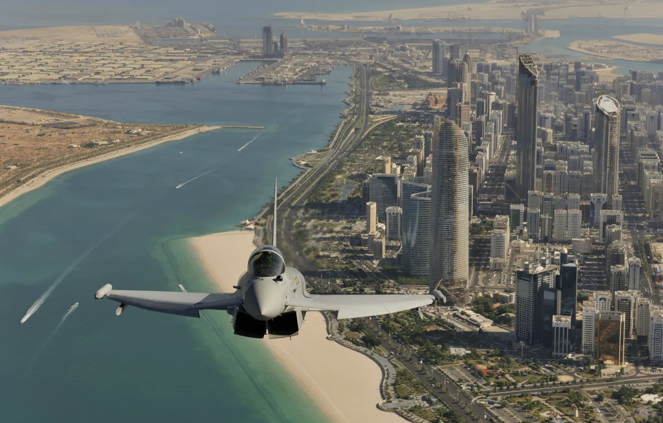 Photo wallpaper flight, the city, fighter, Dubai, generation, multipurpose, Eurofighter Typhoon, fourth