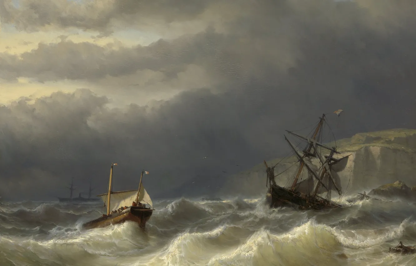 Photo wallpaper oil, picture, seascape, 1866, Storm in Pas-de-Calais, Johan Hendrik Louis Meijer, Louis Meijer