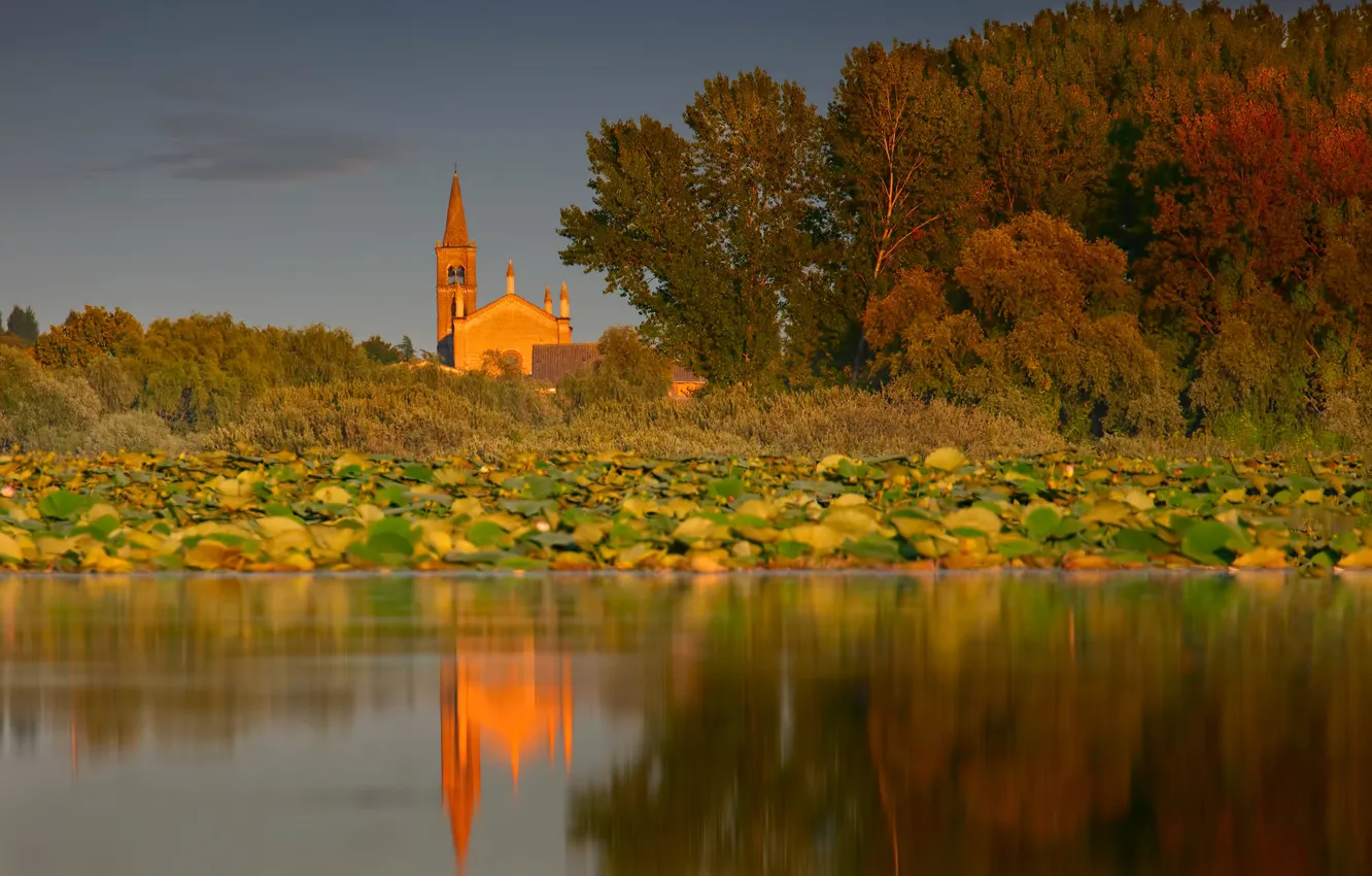 Photo wallpaper autumn, trees, lake, Italy, Church, Italy, Lombardy, Lombardy