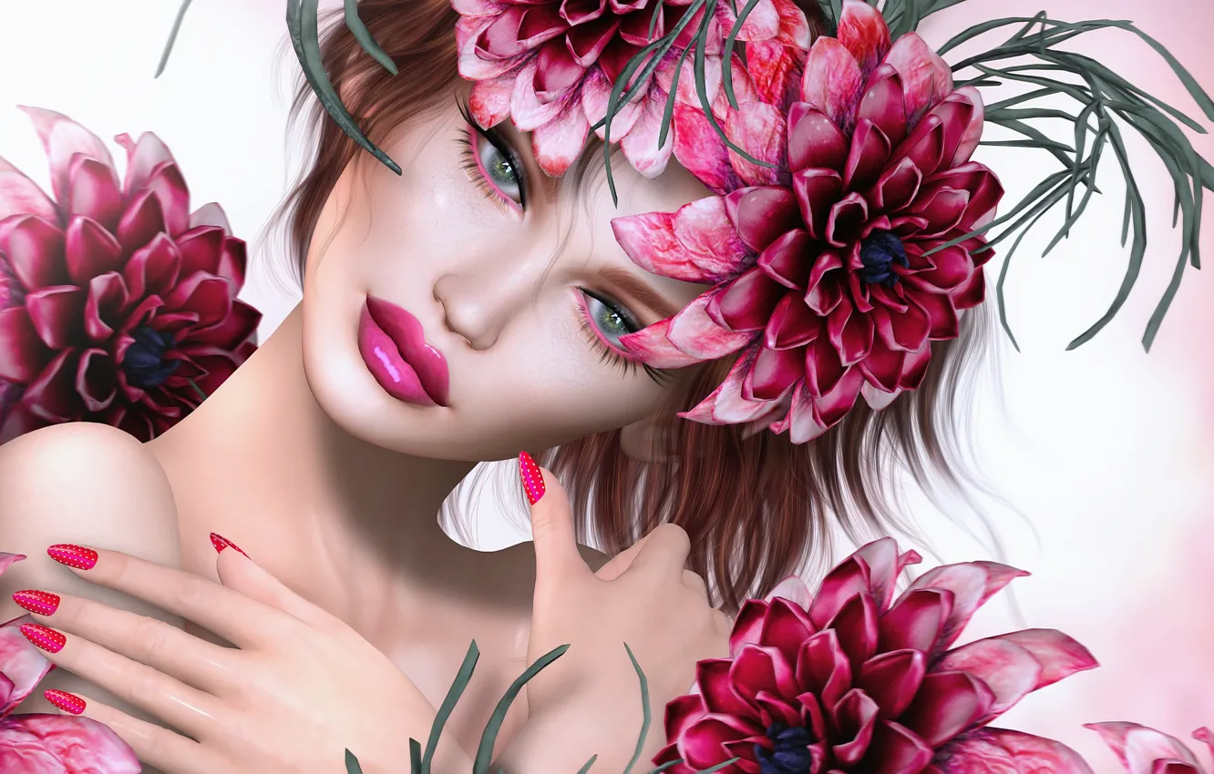 Photo wallpaper eyes, look, flowers, face, background, petals, lipstick