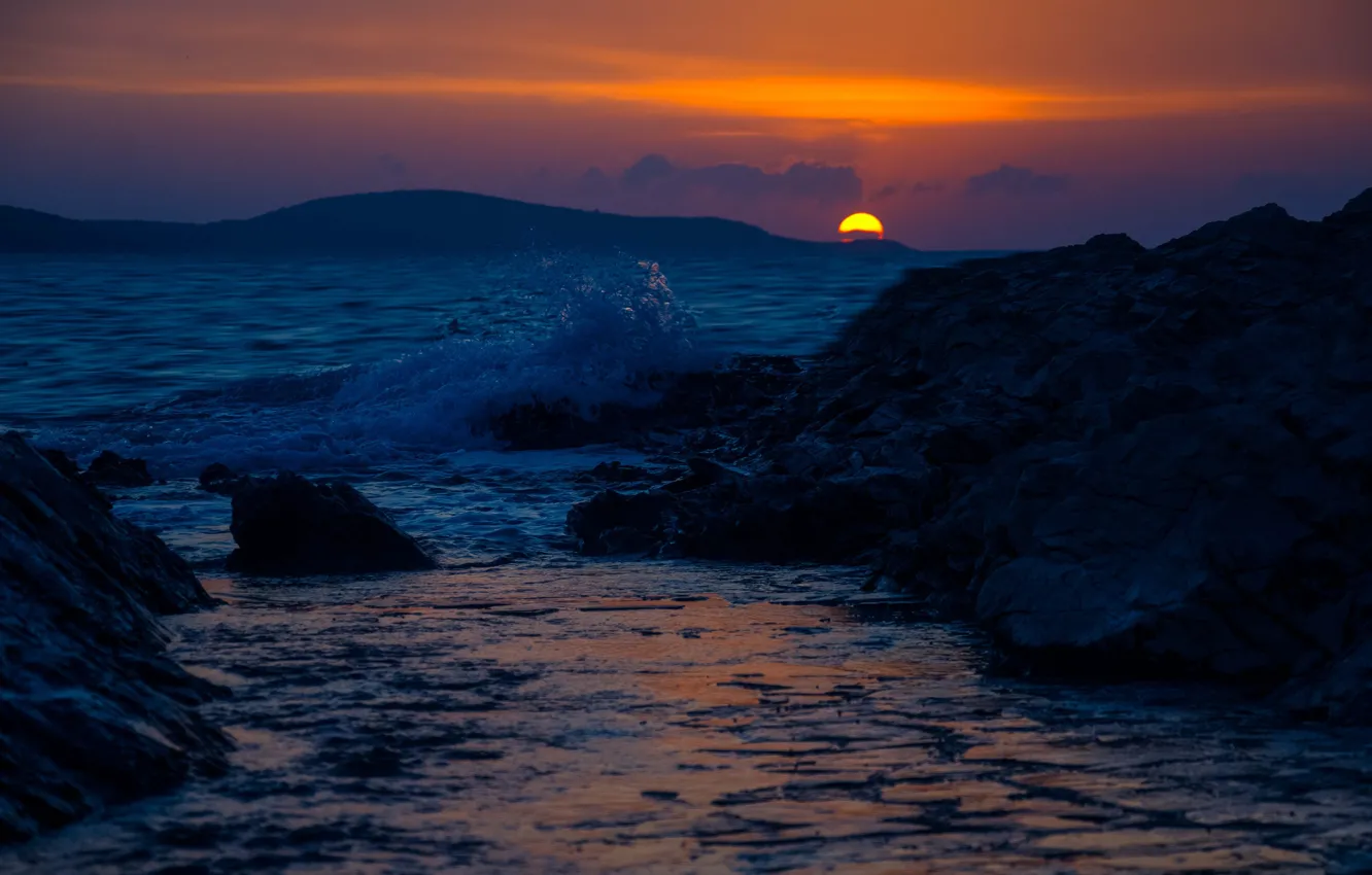 Photo wallpaper twilight, sea, sunset, rocks, hills, dusk, wave, blue hour