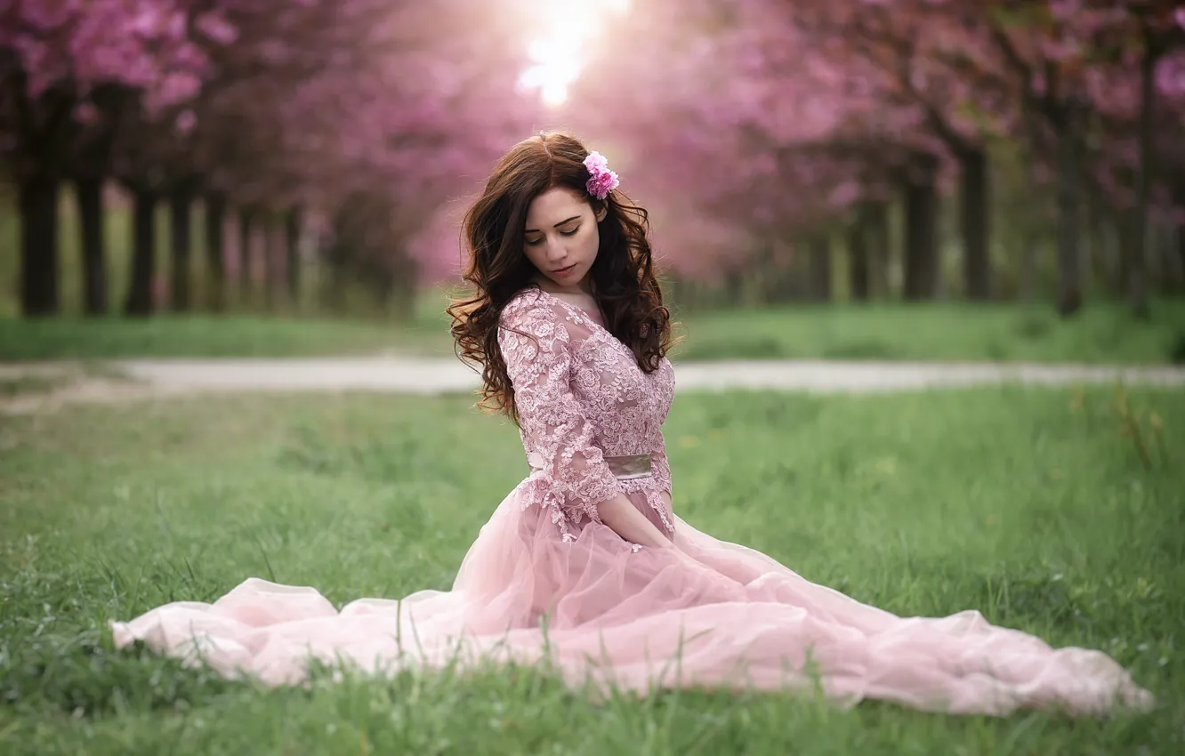 Photo wallpaper grass, flowers, dress, hairstyle, the alley, Miss Froggi