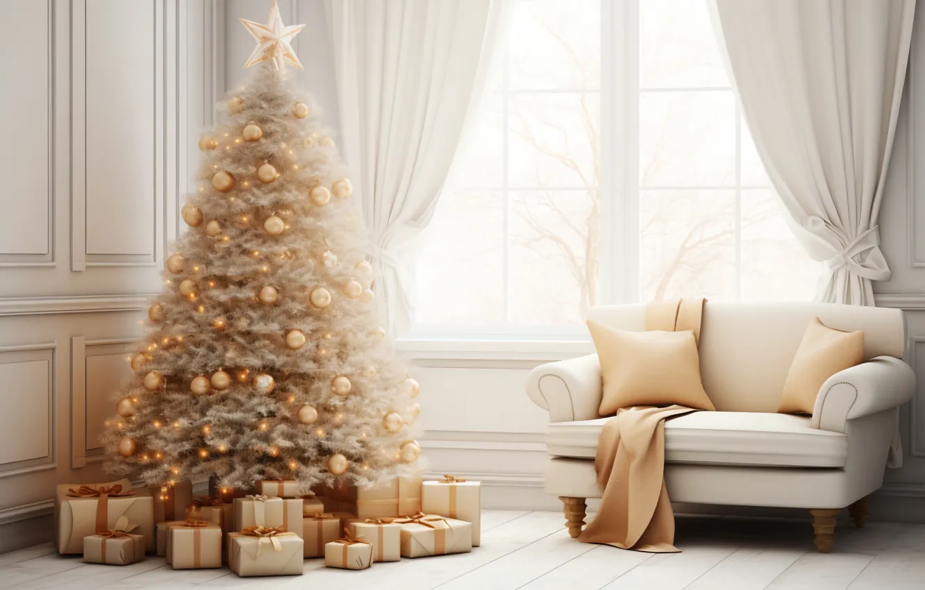 Photo wallpaper decoration, room, sofa, gift, balls, tree, new year, home