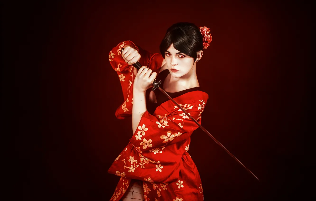 Photo wallpaper girl, pose, background, model, sword, katana, hands, makeup