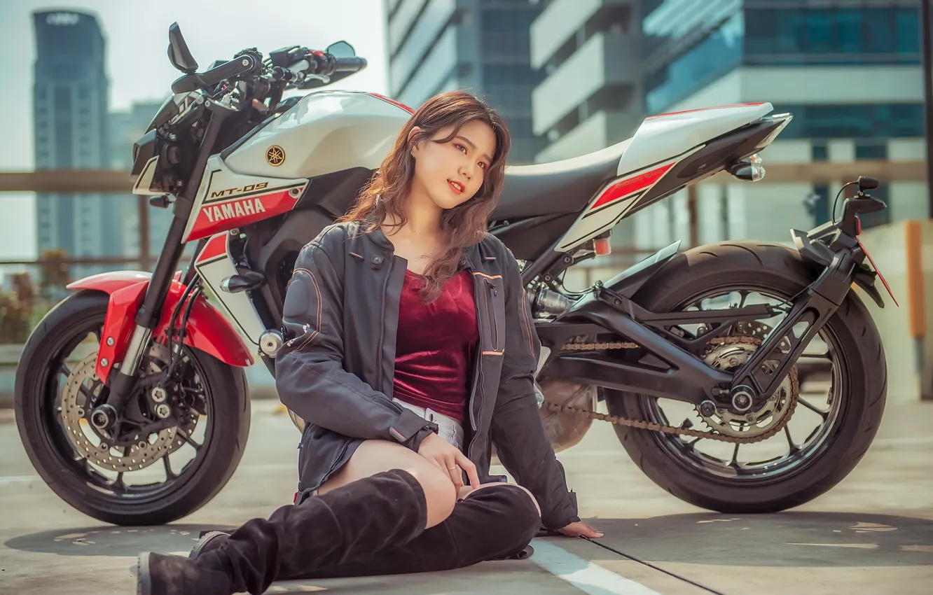Photo wallpaper girl, motorcycle, Yamaha, MT-09