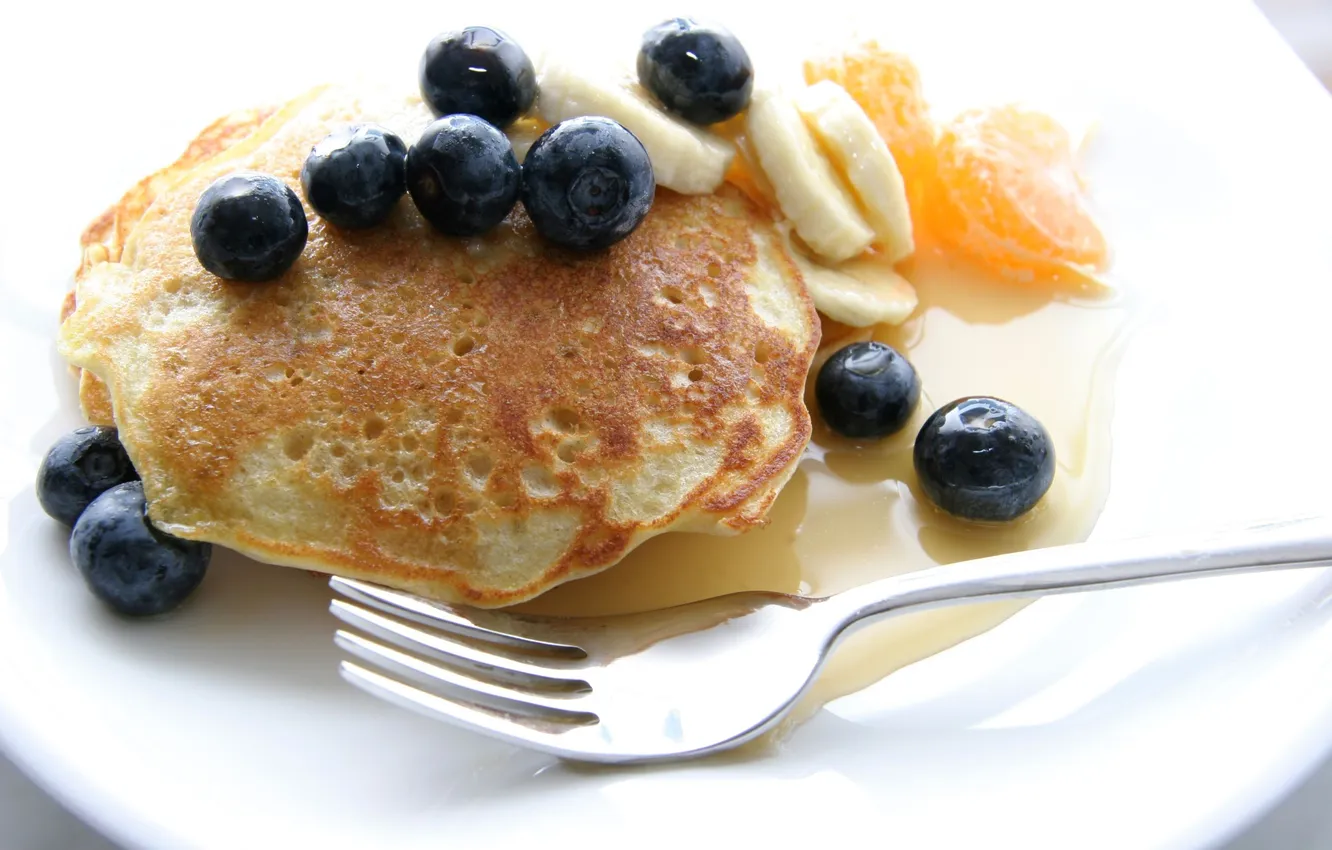 Photo wallpaper berries, orange, plate, bananas, plug, pancakes, blueberries, pancakes